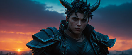 Dark fantasy character with horns and armor at sunsetの素材