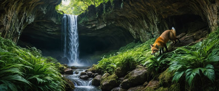 Fox exploring lush green forest with waterfall in backgroundの素材