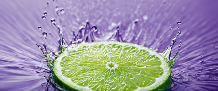 Lime slice splashing in vibrant purple waterの素材