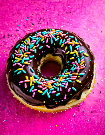 Chocolate glazed donut with colorful sprinkles on pink backgroundの素材