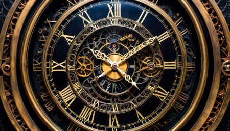 Intricate vintage clock face with Roman numerals and golden gearsの素材