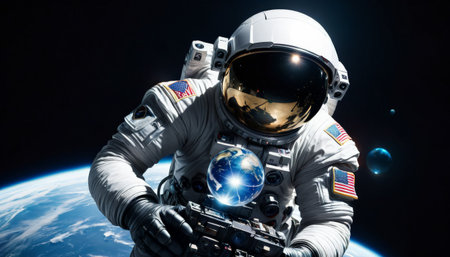 Astronaut holding Earth hologram in space with planetary backgroundの素材