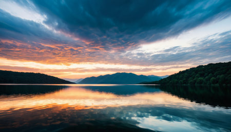 Serene Lake at Sunset with Dramatic Cloudsの素材