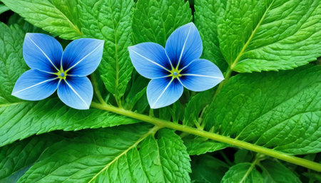 Two vibrant blue flowers on lush green leavesの素材