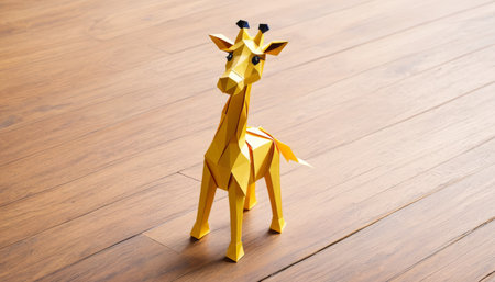 Origami giraffe figurine on wooden floorの素材