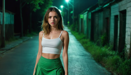 Young woman in green skirt walking at nightの素材