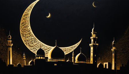 Night scene with crescent moon and mosque silhouetteの素材