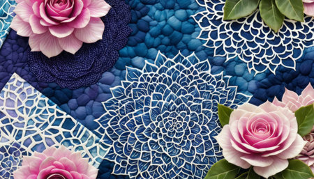 Intricate floral patterns with pink roses on blue textured backgroundの素材