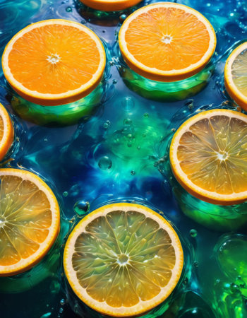Sliced oranges floating in blue and green waterの素材