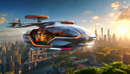 Futuristic flying car soaring over modern city skyline at sunriseの素材