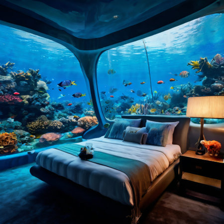 Luxurious underwater bedroom with vibrant coral reef viewの素材