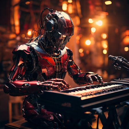 Futuristic robot playing keyboard in a cyberpunk settingの素材
