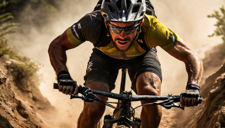 Determined cyclist racing through dusty mountain trailの素材