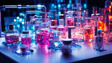 Laboratory setup with colorful glowing chemical vials in neon lightingの素材