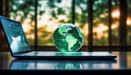 Digital earth globe hologram on laptop in nature backgroundの素材