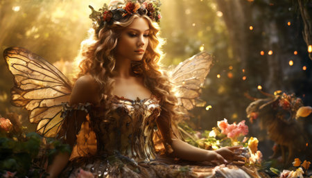 Enchanting fairy sitting in a magical garden at sunsetの素材