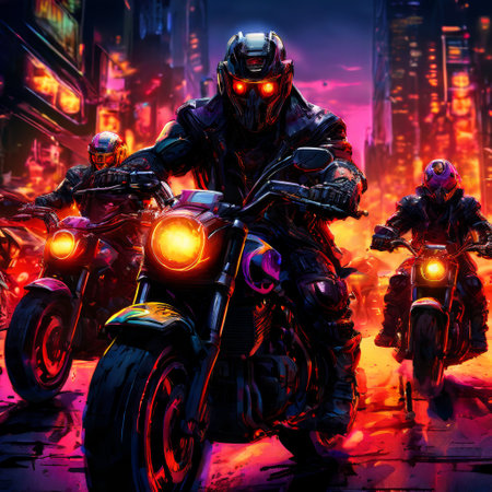 Group of armored bikers riding through fiery cyberpunk cityの素材