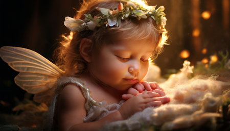 Sleeping baby in fairy costume with angelic lightの素材