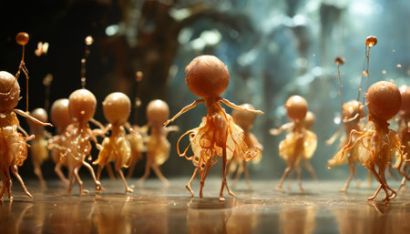 Abstract humanoid figures dancing in a whimsical forestの素材