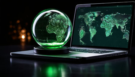 Holographic world map on laptop with green technology overlaysの素材