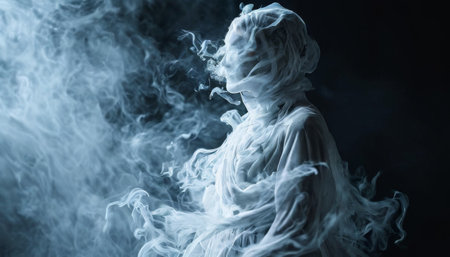 Ghostly figure wrapped in swirling white smoke in the darkの素材