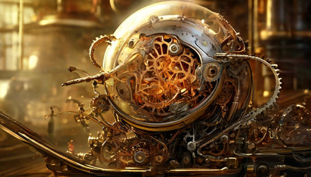 Intricate steampunk machinery with golden gears and glass orbの素材