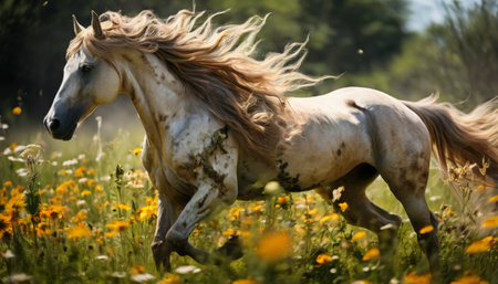 Wild horse galloping through a sunlit field of wildflowersの素材
