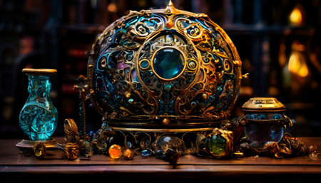Ornate magical relics on a wooden tableの素材