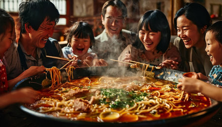 Joyful family sharing a large bowl of steaming noodles togetherの素材