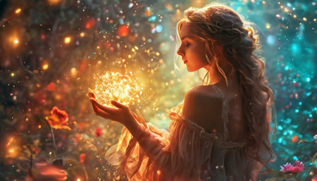 Woman holding glowing orb in magical forest sceneの素材