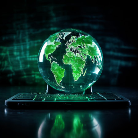 Digital globe on keyboard representing global technology and dataの素材