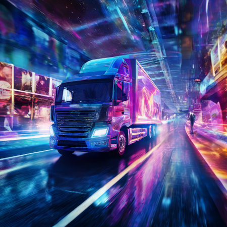 Futuristic truck speeding through digital city with neon lightsの素材