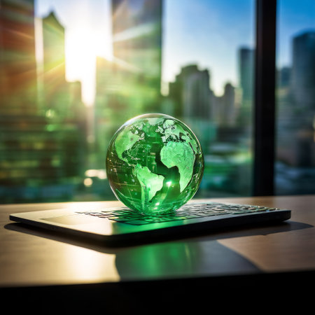 Transparent green globe on laptop with cityscape backgroundの素材