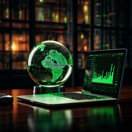 Futuristic digital technology concept with holographic globe and laptopの素材