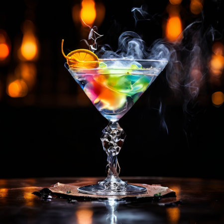 Colorful smoking cocktail in a crystal glass on a dark bar counterの素材