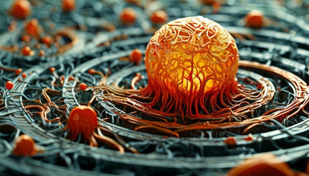 Abstract intricate organic structure with orange glowing sphereの素材