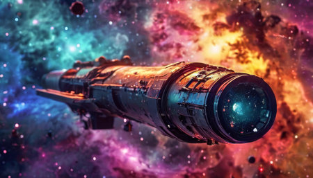 Futuristic spacecraft in colorful interstellar nebula sceneの素材