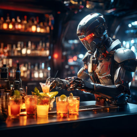 Robotic bartender preparing drinks in a futuristic bar settingの素材