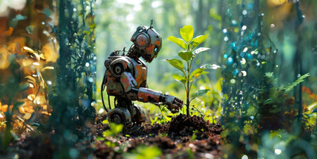 Robot nurturing a plant in a lush forest, symbolizing nature and technologyの素材