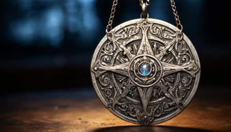 Ornate metal compass with a gemstone center on a wooden tableの素材