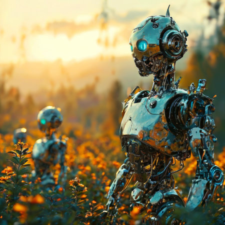 Futuristic robots exploring a lush field at sunriseの素材