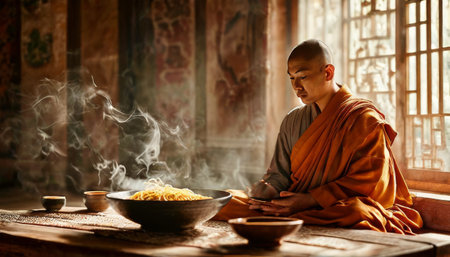 Buddhist monk in meditation with steaming noodles in a tranquil templeの素材