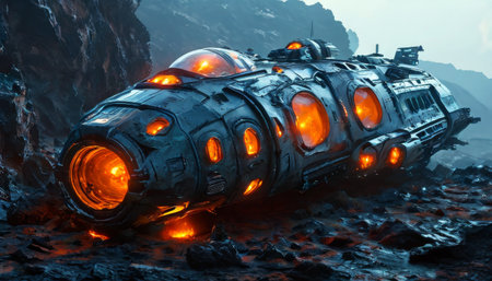Futuristic alien spaceship crash site on rocky terrain with glowing lightsの素材