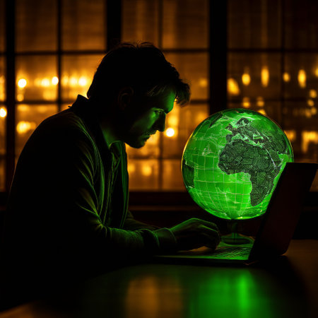 Man working on laptop with glowing digital globe projectionの素材
