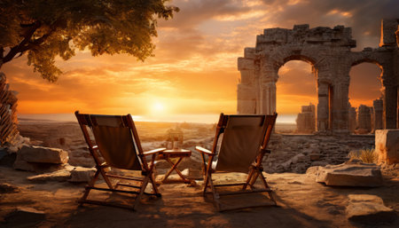 Sunset view from ancient ruins with wooden chairs and tableの素材