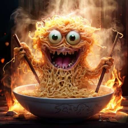 Monster made of noodles in a bowl with flames and chopsticksの素材