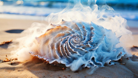 Seashell on the beach with rising smoke in a surreal settingの素材