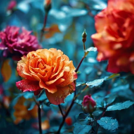 Close-up of vibrant roses with dewdrops in garden settingの素材