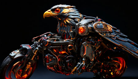 Futuristic robotic eagle on a mechanical motorcycleの素材