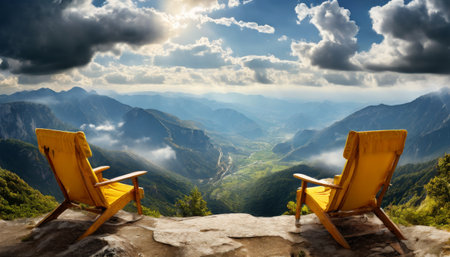 Two chairs facing a breathtaking mountain view under dramatic skiesの素材